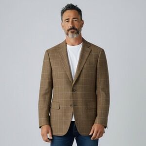 Hart Schaffner Marx Sport Coat 42R Brown Windowpane Wool Fabric Italy Made USA